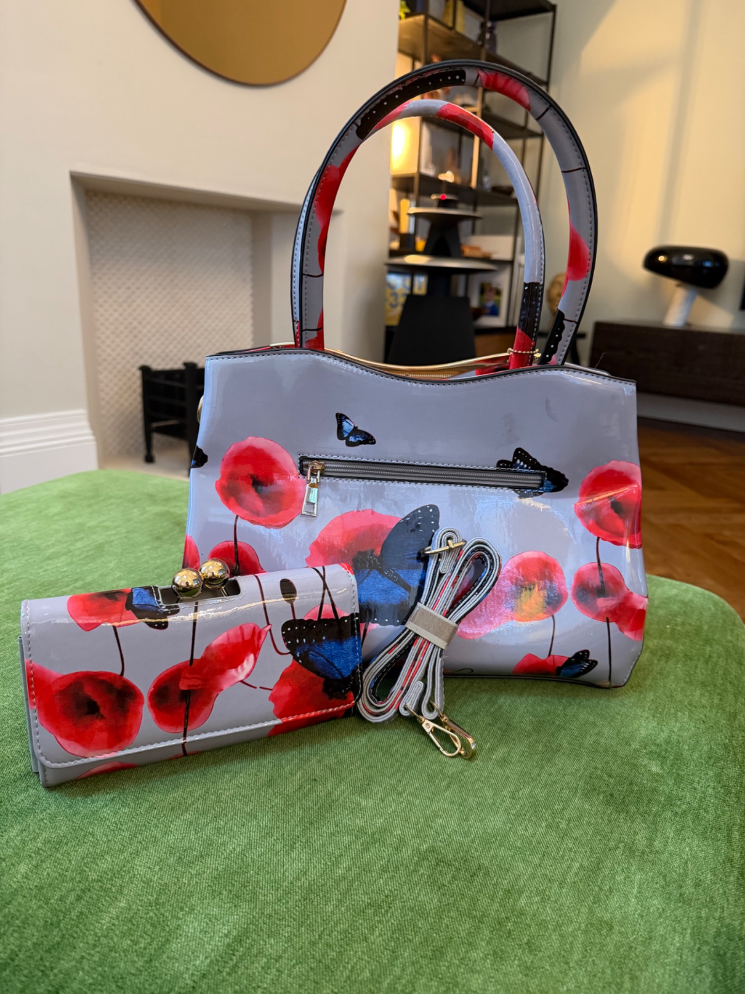 Poppy and Butterfly Print Shoulder Bag and Wallet Set - hero