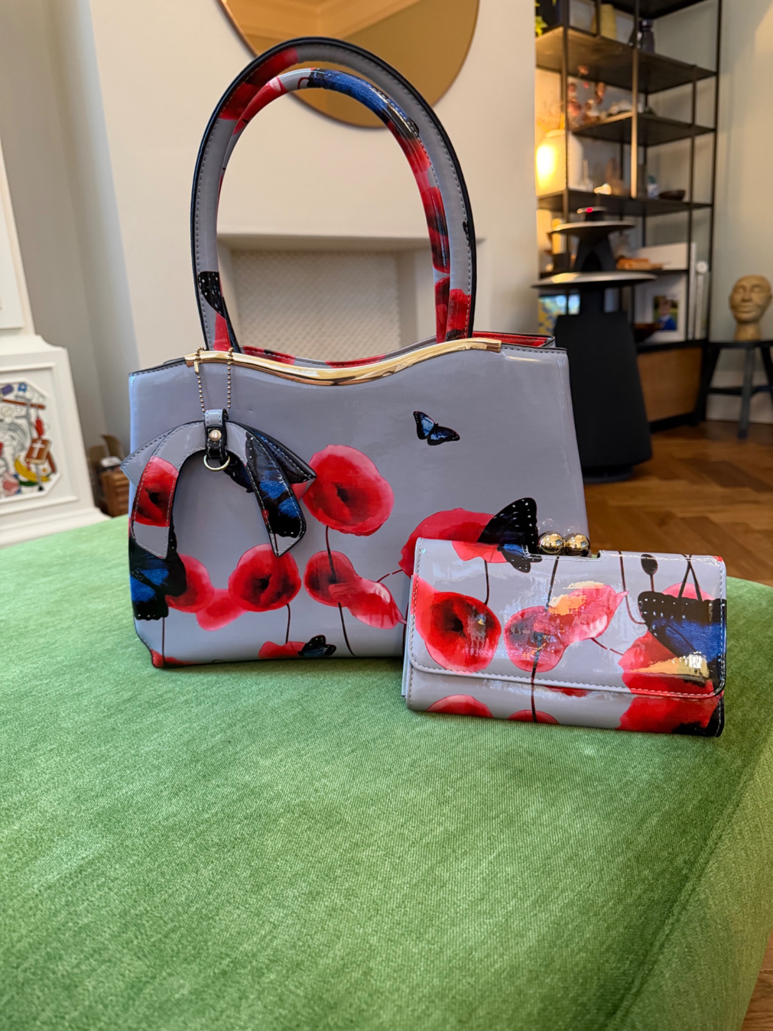 Poppy and Butterfly Print Shoulder Bag and Wallet Set - detail 1